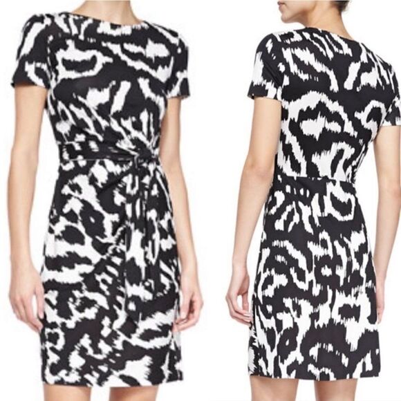 Diane Von Furstenberg Zoe 100% Silk Sheath Dress Flower Ikat Black Ivory Size 10 - Picture 1 of 14